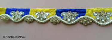 Gold Sheer Fabric Trim In Blue And Yellow Embroidered Beaded Trim, Kundan Work And Pearl, Costume Trim Decorative Craft Ribbon Trim By Yard